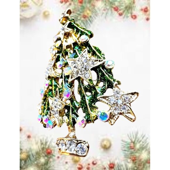 Christmas Tree Brooch Pin New Aurora Borealis Rhinestones Stars Northern… - Picture 4 of 12